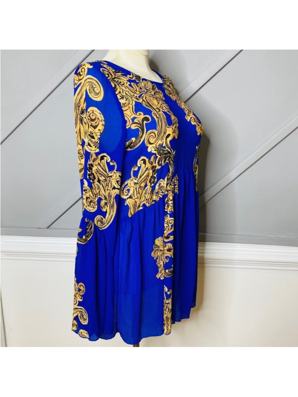 Free People Intimately Size Small Royal Blue Gold Sheer Dress Cover Up Oversized - Picture 4 of 9